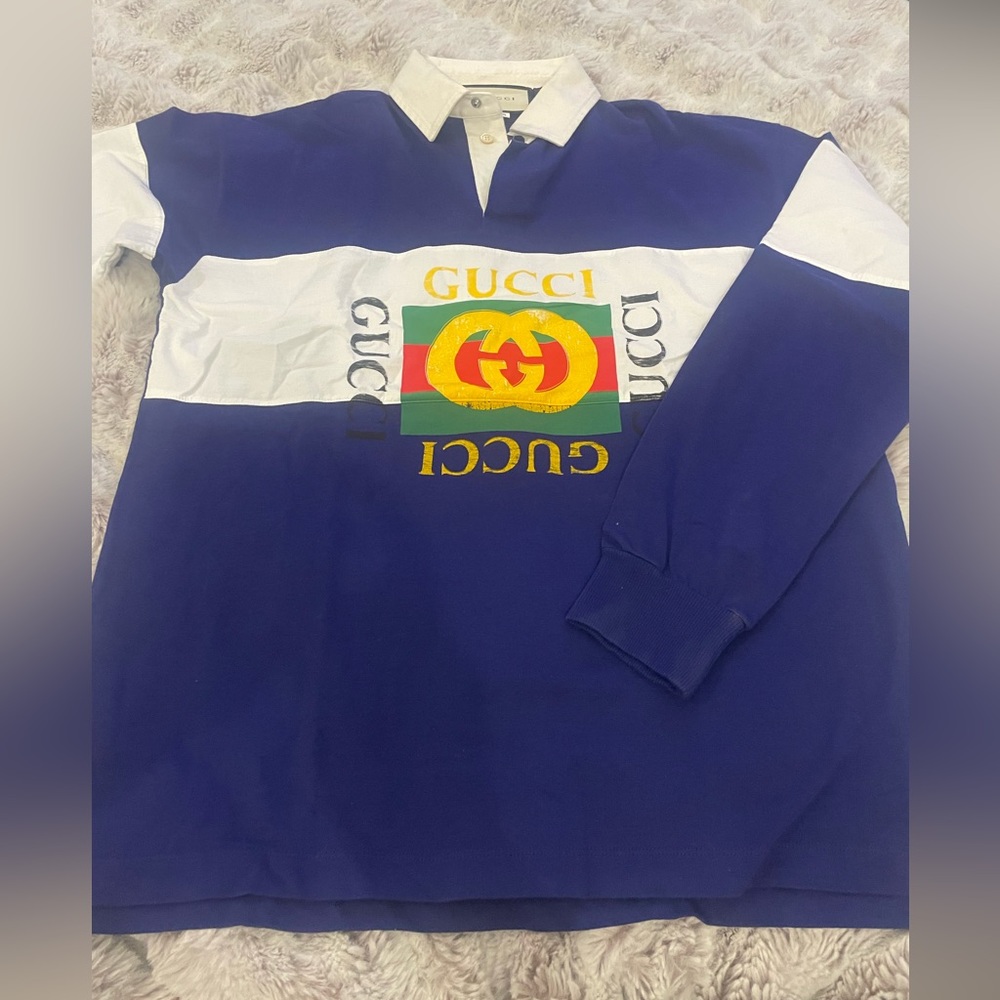 Gucci Mens Rugby Blue Polo Logo Long Sleeve T Shirt Sz M - Picture 5 of 9